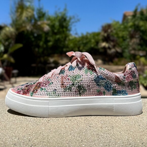 New Pink Floral Print Rhinestone Crystal Pavé Lace-Up Flat Platform Sneaker Shoe - Picture 6 of 8